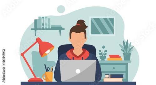 Person working remotely on a laptop at a home desk, illustrating productivity, online education, or modern freelance business concepts.