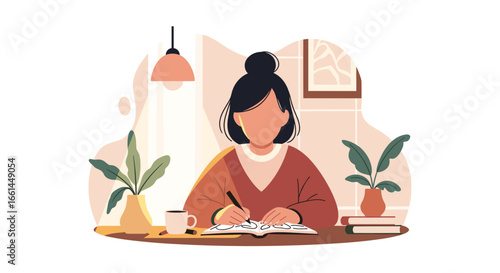 Focused person writing in a notebook at a cozy home desk, ideal for work, study, or creative concepts. Features plants and a coffee cup for a serene atmosphere.