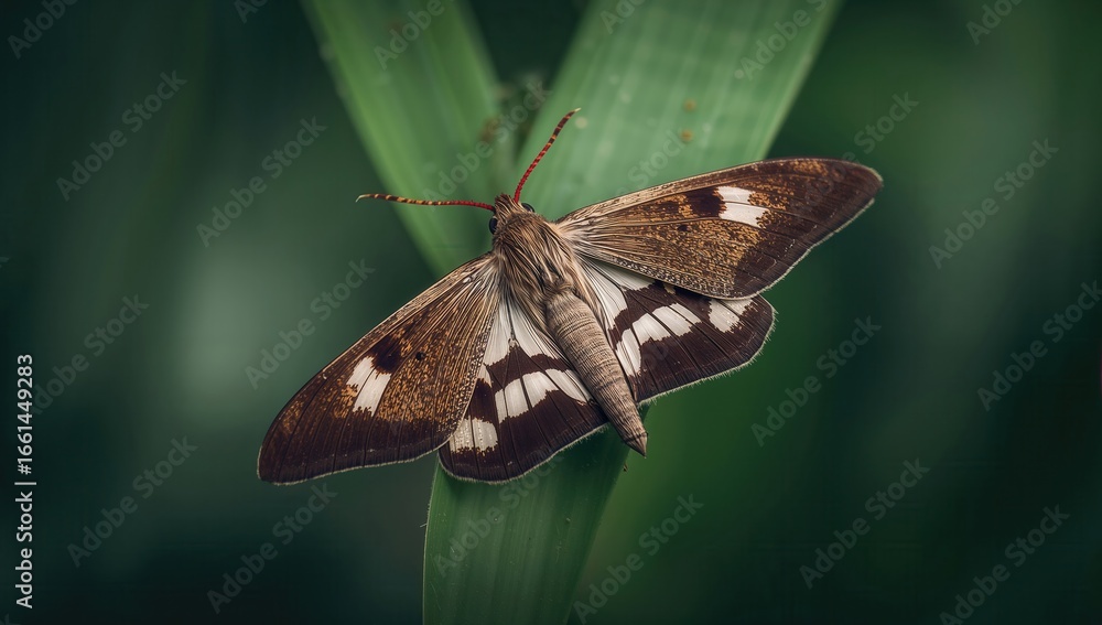 Obraz premium Close-up view of a brown and white patterned butterfly resting on green leaves, showcasing intricate details of wings