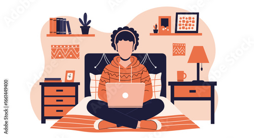 A person wearing headphones works or studies on a laptop in a comfortable bedroom setting. Ideal for themes of remote work, online learning, relaxation, and modern lifestyle.