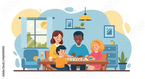 Happy diverse family playing a board game together at home, enjoying quality time and bonding. Perfect for concepts of family fun, leisure, and childhood joy.