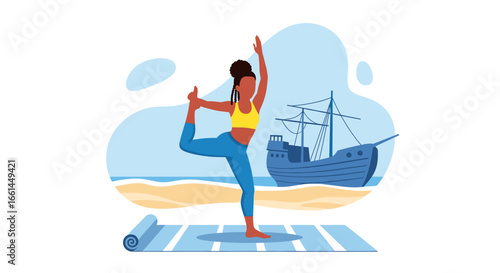 Black woman practicing yoga on a serene beach with a ship in the background, embodying health, balance, and mindful travel wellness.