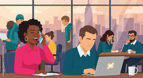 Diverse team collaborates and works diligently in a modern office with city views, symbolizing productivity, communication, and a dynamic business environment.