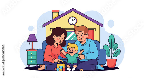 Happy cartoon family with parents and toddler playing together at home, illustrating love, care, and family bonding. Ideal for parenting, lifestyle, or real estate concepts.