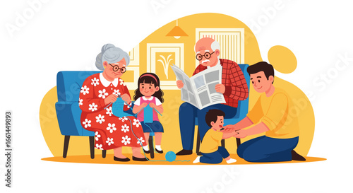 Happy multi-generational family enjoying leisure time at home. Grandmother and granddaughter knit, grandfather reads, while father plays with toddler. Represents family bonds and joyful domestic life.