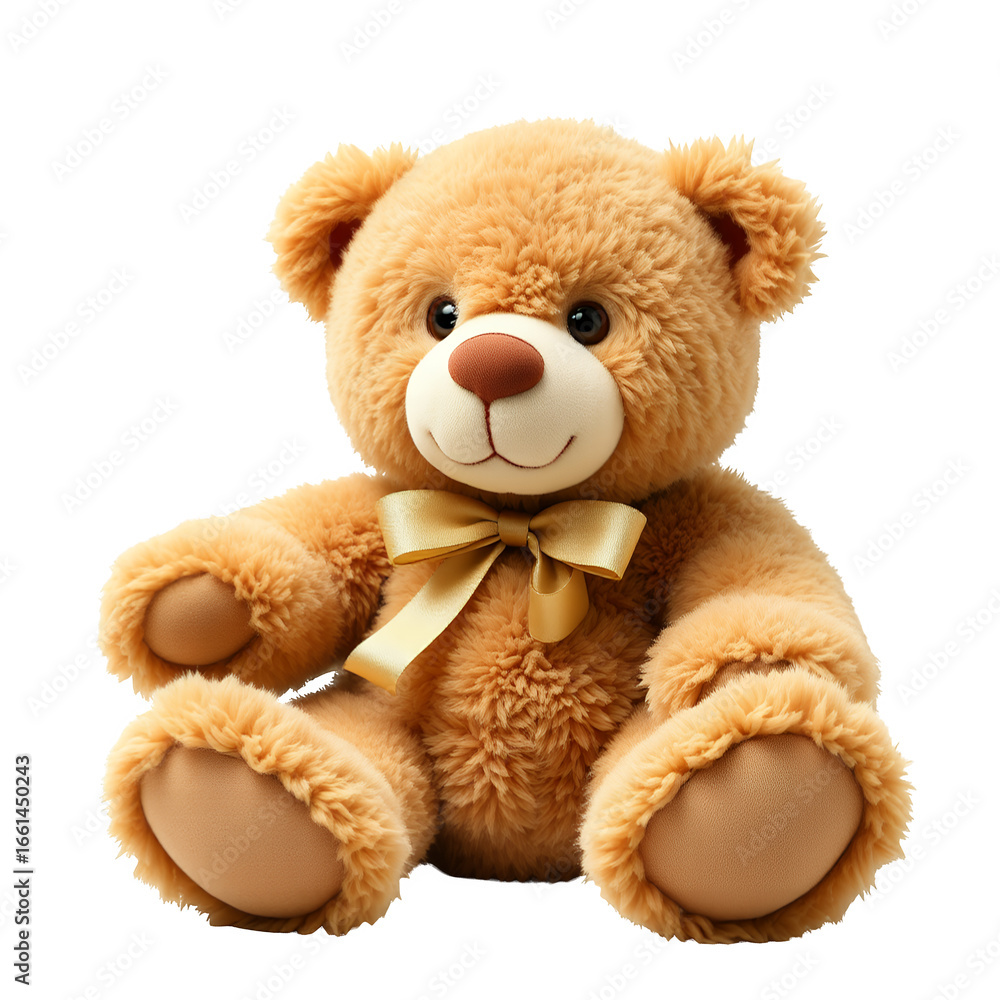 Obraz premium A fluffy brown teddy bear with a light yellow bow sits patiently isolated on transparent background