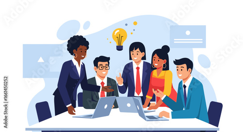 Diverse business team collaborating during a meeting, exchanging ideas and working on laptops. Ideal for themes of teamwork, innovation, and modern office productivity.