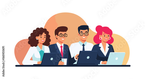Diverse team of smiling business professionals working together on laptops in a collaborative office environment. Ideal for corporate, technology, and teamwork concepts.