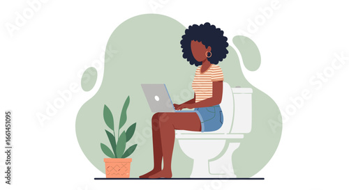 African American woman focused on her laptop while sitting on a toilet, symbolizing the blurred lines of remote work and home life.