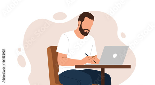 Bearded man focused on laptop with a pen, depicting remote work, online education, or creative tasks. Ideal for business and lifestyle themes.