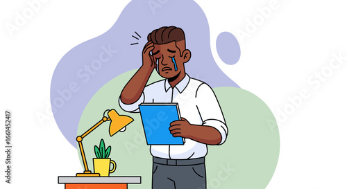 A distressed professional man cries at his office desk, holding documents. Illustrates job stress, frustration, burnout, or mental health challenges in a business environment.