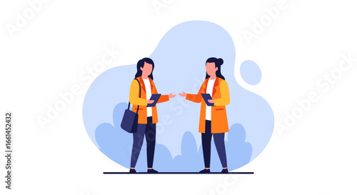 Two professional women engaging in a collaborative discussion, exchanging information or ideas with tablets. Ideal for business, education, or communication concepts.