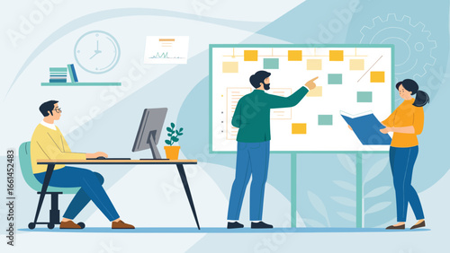 Diverse team collaborates on project strategy, analyzing tasks on a whiteboard in a modern office. Illustrates effective teamwork, planning, and business productivity.