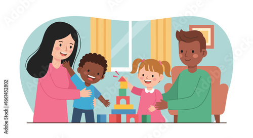 Joyful parents and diverse children build a block tower, illustrating happy family moments, early learning, and playful development at home.