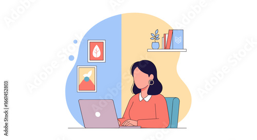 Woman working remotely on laptop in a modern home office setting. Ideal for themes of productivity, online education, and flexible work lifestyle.