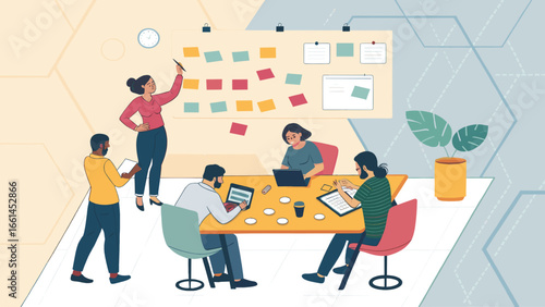 Diverse team collaborating in a modern office, brainstorming ideas and managing tasks with a whiteboard and digital tools. Perfect for business, productivity, and innovation concepts.