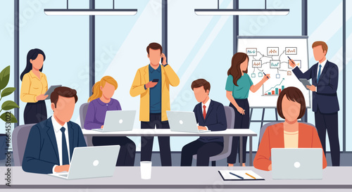 Diverse business professionals collaborating in a modern office, engaged in a meeting, brainstorming, and working on laptops, symbolizing teamwork and corporate productivity.