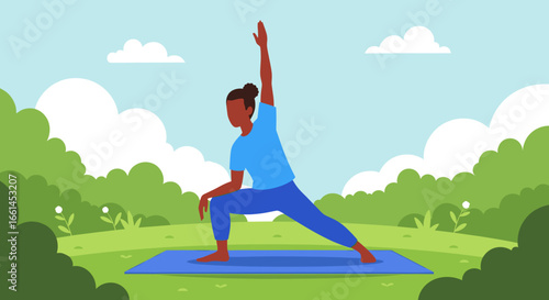 Illustrated woman practicing yoga outdoors on a mat, demonstrating balance and flexibility in a peaceful park setting. Ideal for wellness, fitness, and healthy lifestyle content.
