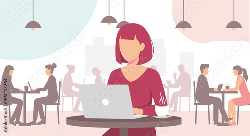 Woman with pink hair working on a laptop at a bustling cafe, enjoying a hot coffee. Represents remote work, freelance lifestyle, and modern productivity.