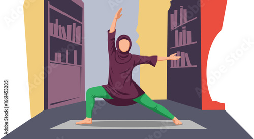 Muslim woman in hijab doing yoga indoors, promoting wellness, balance, and mindful living at home. Ideal for healthy lifestyle and inclusivity themes.