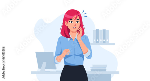 Anxious businesswoman feeling overwhelmed and stressed at her office desk, facing workplace pressure or a challenging deadline.