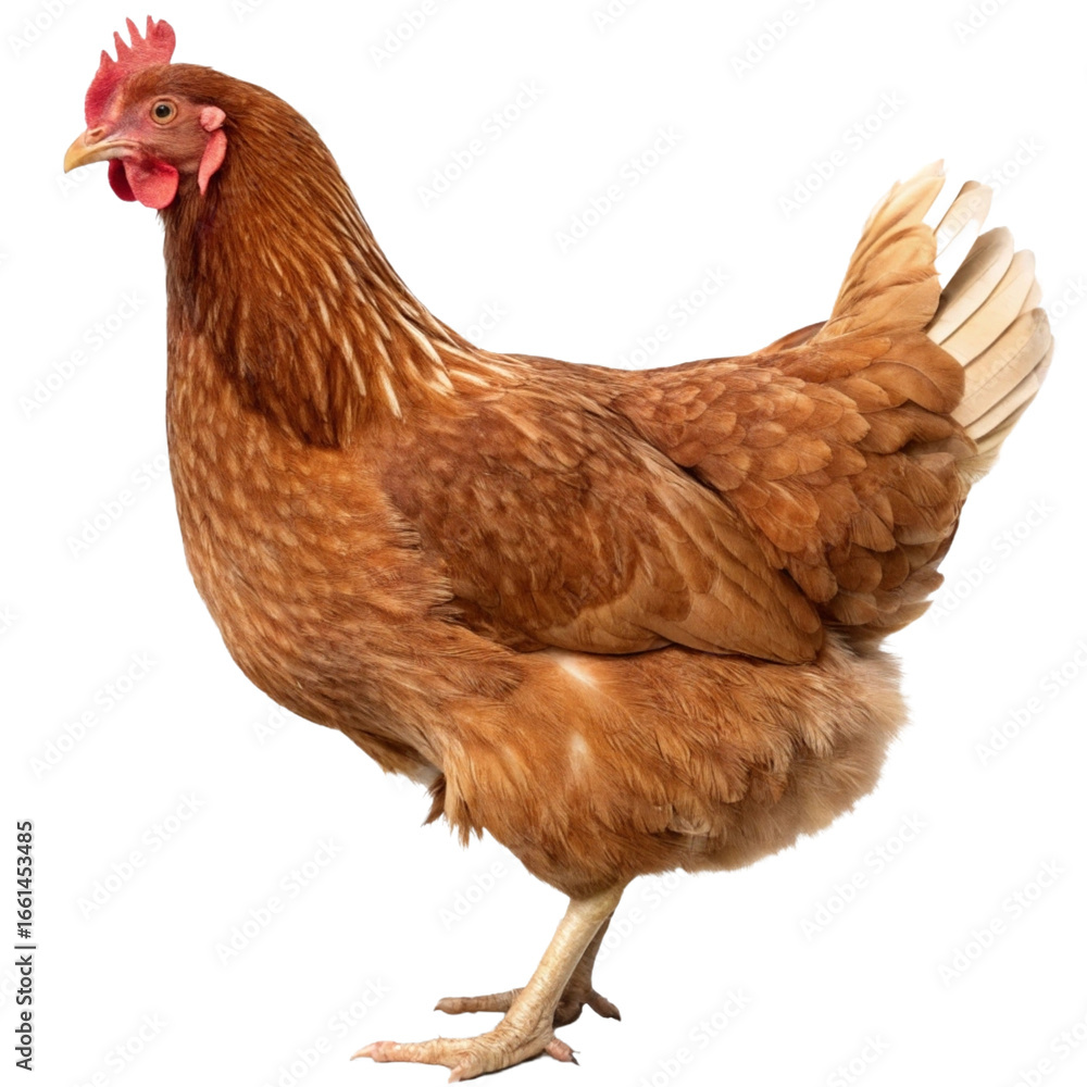 Fototapeta premium Full body view of a healthy brown hen standing in profile isolated against a solid background transparent background
