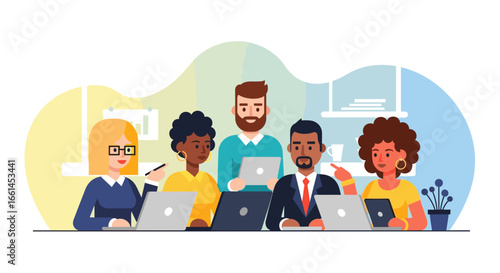 Diverse business team collaborating and working on laptops, showcasing teamwork, innovation, and communication in a modern office.