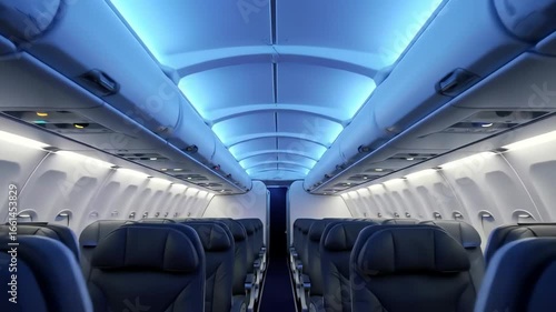 empty airplane cabin interior with blue lighting