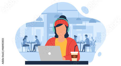 Focused woman working on laptop with headphones and coffee in a modern cafe. Represents remote work, freelancing, and digital lifestyle.