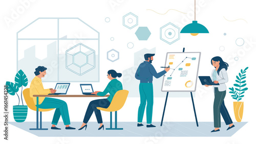 Team of colleagues actively working in a modern office, engaged in data analysis, business strategy, and collaborative project development.