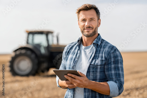 innovative farmer confidently analyzes crop predictions on tablet surrounded by cuttingedge equipment