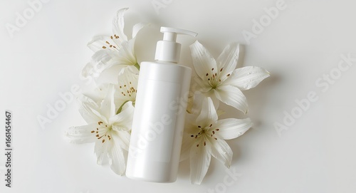 Minimalist Beauty. White Cosmetic Bottle with Lily Flowers on a White Background.