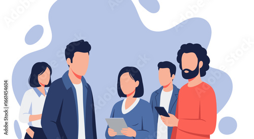 Diverse business professionals collaborate and communicate using digital devices in a modern setting. Ideal for themes of teamwork, networking, and corporate meetings.