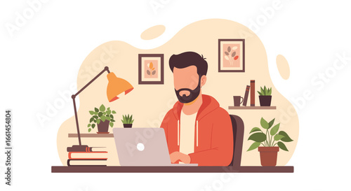 Man in casual wear working on a laptop at a home desk, illustrating remote work, online learning, or creative project development.