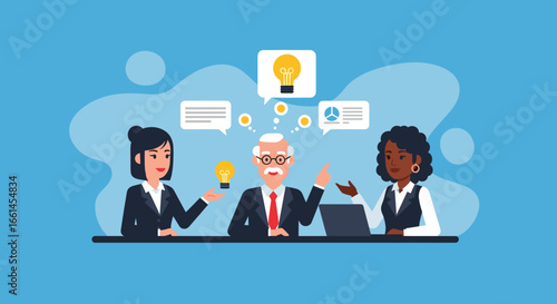 Diverse business team collaborates, exchanging ideas and communicating effectively in a professional meeting. Represents teamwork, innovation, and strategic planning for success.
