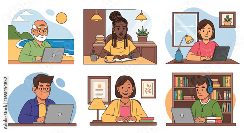 Diverse people actively work, learn, and connect remotely on laptops from various comfortable settings, reflecting modern flexible lifestyles and productivity.