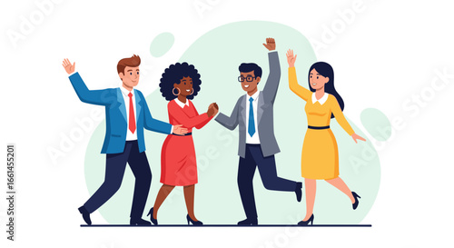 Diverse business team celebrating success and collaboration. Professionals moving forward with energy, reflecting achievement and teamwork in a modern corporate environment.