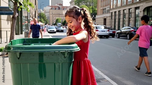 Responsible child recycling a plastic bottle in a public trash can on a city street