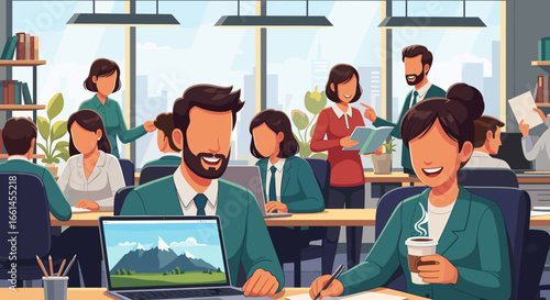 Diverse team of professionals collaborating happily in a modern open-plan office. Ideal for concepts of teamwork, productivity, business growth, and positive workplace culture.