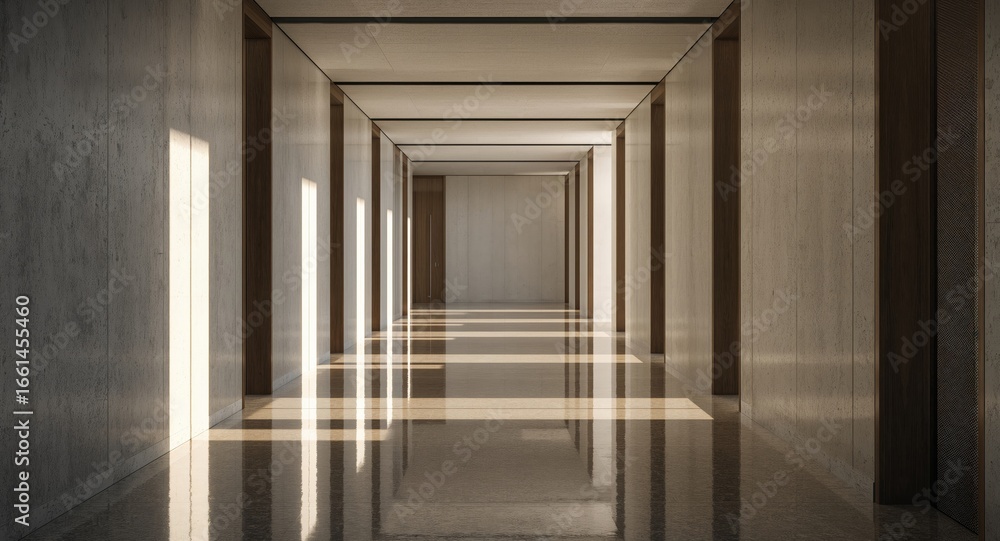 Fototapeta premium Modern Architectural Design. Interior Hallway with Natural Light and Polished Floor.