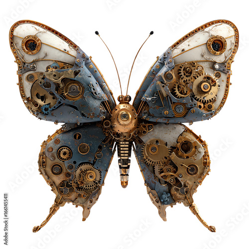 A steampunk butterfly sculpture featuring intricate gears and mechanical components in a blend of blue and bronze.