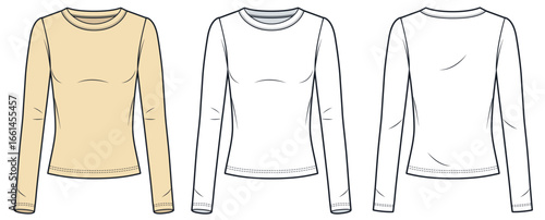 Long sleeve crew neck Top Fashion flat sketch. Fitted T-Shirt fashion flat technical drawing template, front and back view, white, yellow, women, men, unisex CAD mockup.