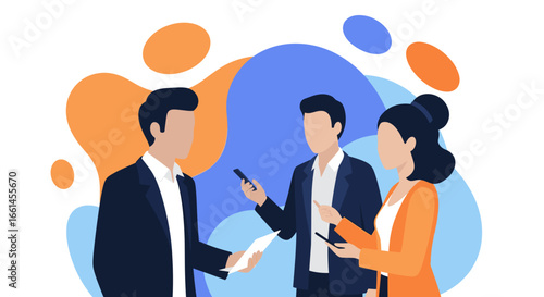 Business team collaborating, discussing ideas, and using technology. Professional colleagues networking and exchanging information in a modern work environment.