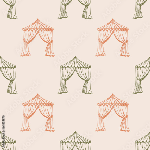 Hand-drawn boho circus canopy vector pattern. Elegant repeating ornate of tent top with stylized drapery. Editable seamless vector with soft pastel colors in retro style