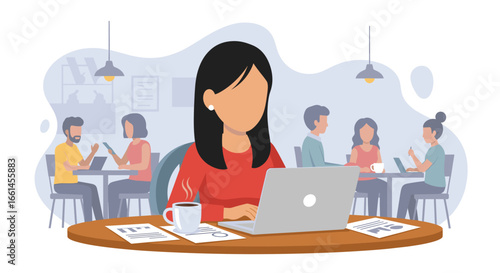 Woman working on laptop with coffee in a busy co-working space, embodying productivity, remote work, and modern business collaboration.