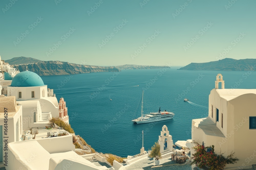 Fototapeta premium A scenic view of Santorini's white buildings with blue domes overlooking the Aegean Sea