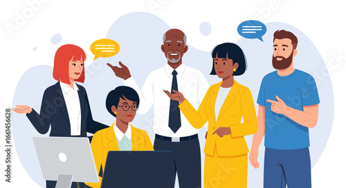 Diverse business team collaborating in an office meeting. Illustrates effective communication, teamwork, and professional discussion for corporate success.