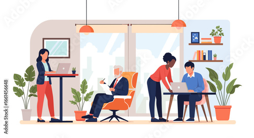 Diverse professionals collaborate and work productively in a modern, bright office environment, highlighting teamwork and business concepts.