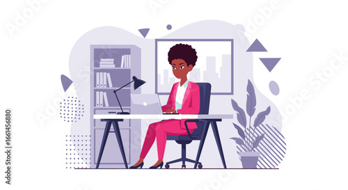 Professional African American businesswoman working diligently on her laptop in a modern office. Represents productivity, remote work, and career success.