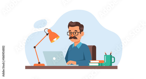Dedicated man with glasses and mustache working diligently on his laptop at a desk. Ideal for business, education, and remote work concepts.